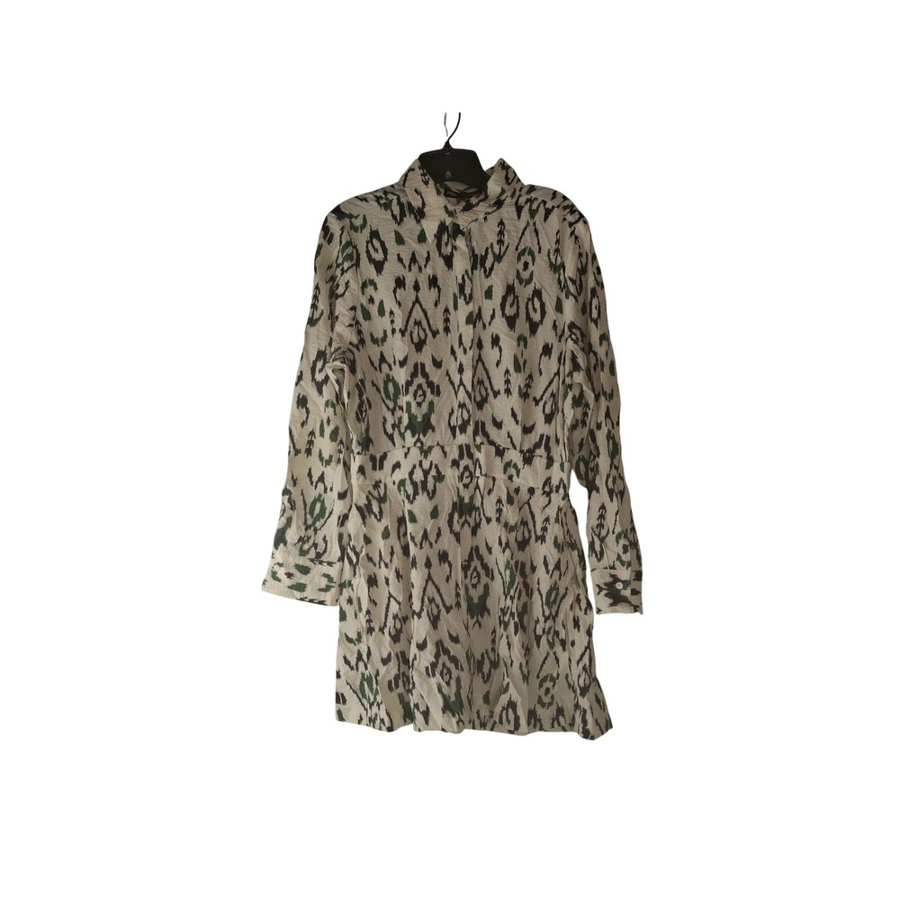 Zara Womens XL Green Black Ikat Print Long Sleeve Mini Shirt Dress Viscose Blend
